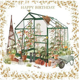 NQ gardening greenhouse birthday card with gold foil finish, featuring vibrant floral and plant illustrations on a festive background.