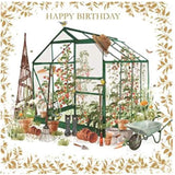 NQ gardening greenhouse birthday card with gold foil finish, featuring gardening-themed illustrations on the front.