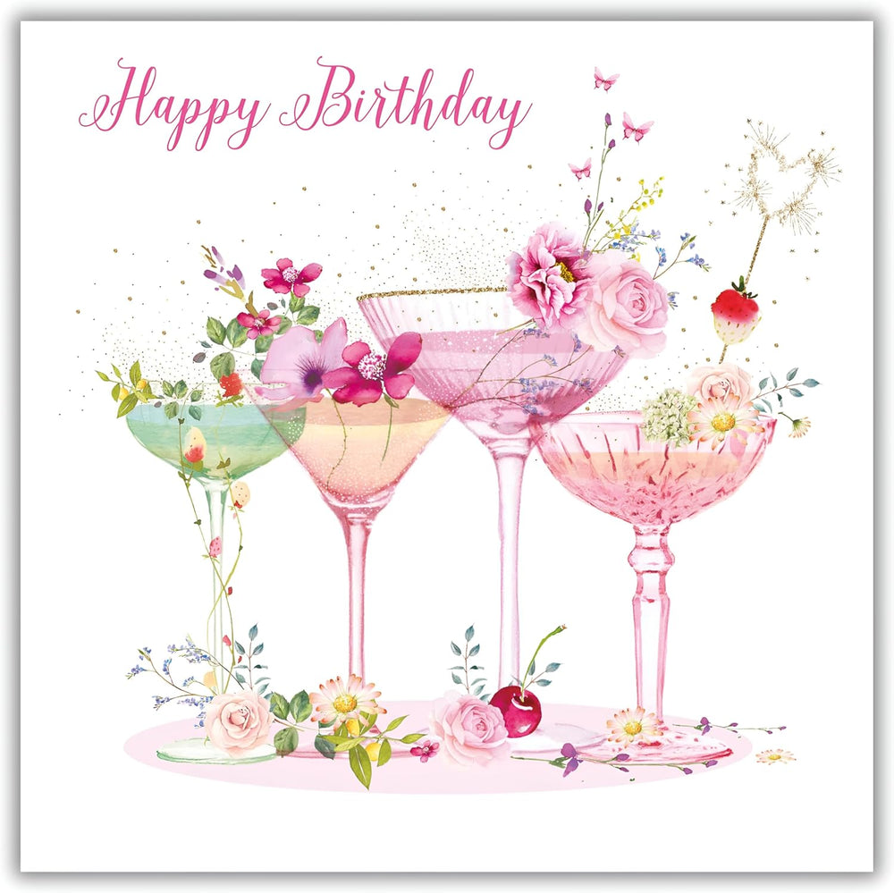 Open female birthday greeting card from NQ Pizazz range featuring floral cocktails and foil finish, designed for her celebration.