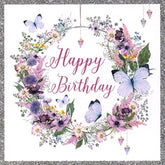 NQ Pretty floral hoop and butterflies birthday card with colorful floral and butterfly design on white background