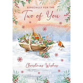 Nigel Quiney Christmas card featuring robins and berry foraging with foil finish, eco-friendly and recycled materials.
