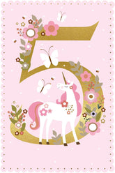 NQ Unicorn and flowers birthday greeting card with gold foil accents for a 5th birthday, featuring a whimsical girl design.