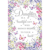 Beautiful floral border birthday greeting card for daughter with butterflies, featuring colorful floral design by NQ.