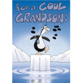NQ greeting card for grandson's birthday featuring cute penguin illustration on the front.