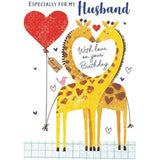 Heart Balloon Giraffes Husband Birthday Card from NQ greeting cards, featuring a romantic design with two giraffes and heart-shaped balloons.