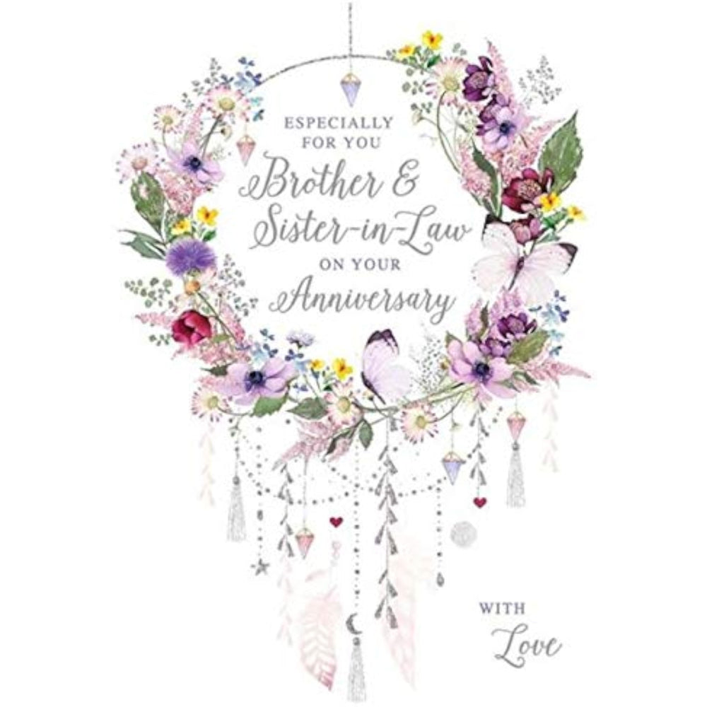 Nigel Quiney anniversary greeting card featuring floral wreath and dream catcher design for brother and sister-in-law from NQ.