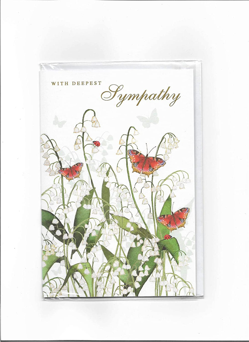 Sympathy card featuring butterflies and Lily of the Valley flowers, with soft pastel colors and elegant floral design by NQ.