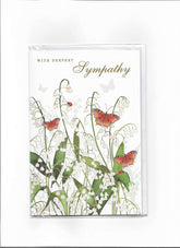 NQ sympathy card featuring delicate butterflies and Lily of the Valley flowers on a soft, respectful background.