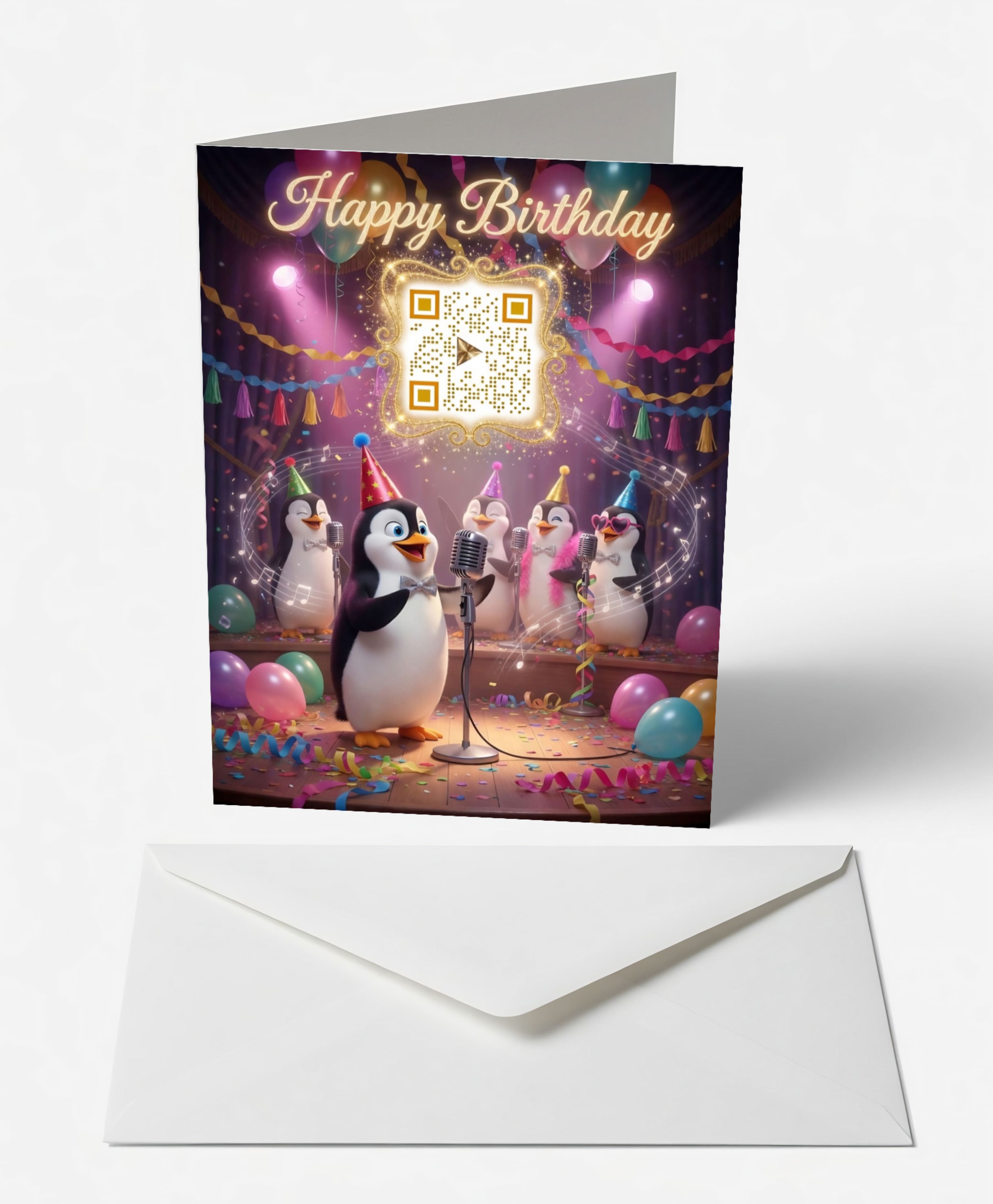 Dapper penguin chorus birthday card with interactive QR song, envelope included, perfect for her or him from M N House Wholesale.