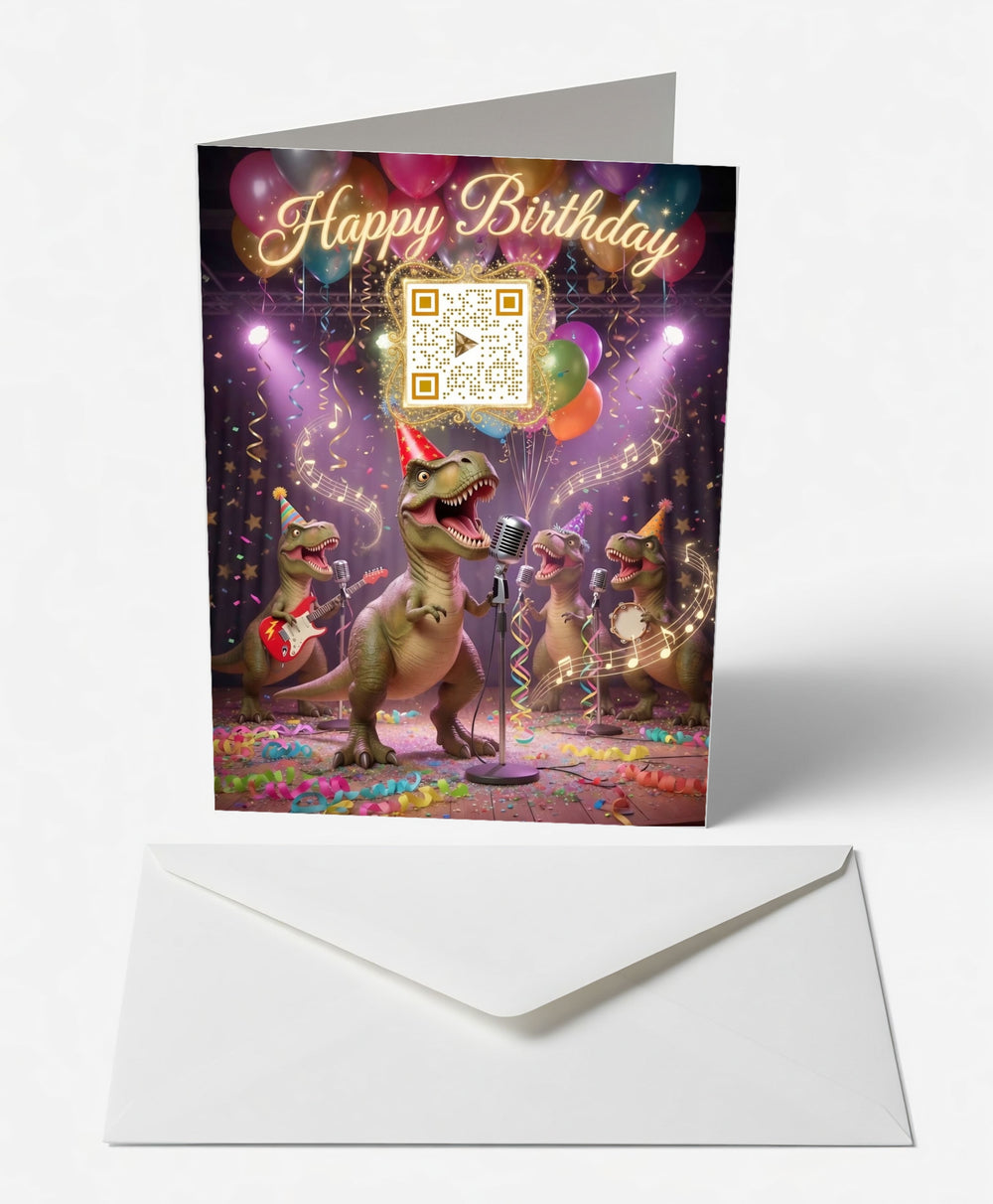 Scanimate | Birthday Card | T-Rex Rock Star Design | Interactive QR Song | With Envelope | Happy Birthday Greeting Card | Him/Boys/Men