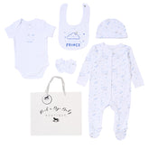 White and blue "Little Prince" 5-piece bedding set by M N House Wholesale, featuring playful prince illustrations.