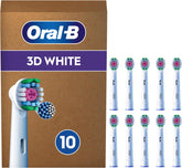 Set of 10 Oral-B 3D White replacement toothbrush heads, compatible with electric toothbrushes, featuring white bristles for teeth whitening.