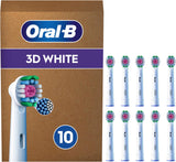 Set of 10 Oral-B 3D White replacement toothbrush heads, compatible with electric toothbrushes, featuring white bristles for teeth whitening.