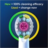 Set of 10 Oral-B 3D White replacement toothbrush heads for electric toothbrushes, shown with white bristles and blue accents.