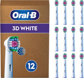 Pack of 12 Oral-B 3D White replacement toothbrush heads with white bristles, compatible with Oral-B electric toothbrushes.