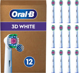 Pack of 12 Oral-B 3D White replacement toothbrush heads with white bristles, compatible with Oral-B electric toothbrushes.