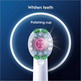 Oral-B 3D White replacement toothbrush heads, 4-pack, compatible with Oral-B electric toothbrushes, featuring whitening bristles.