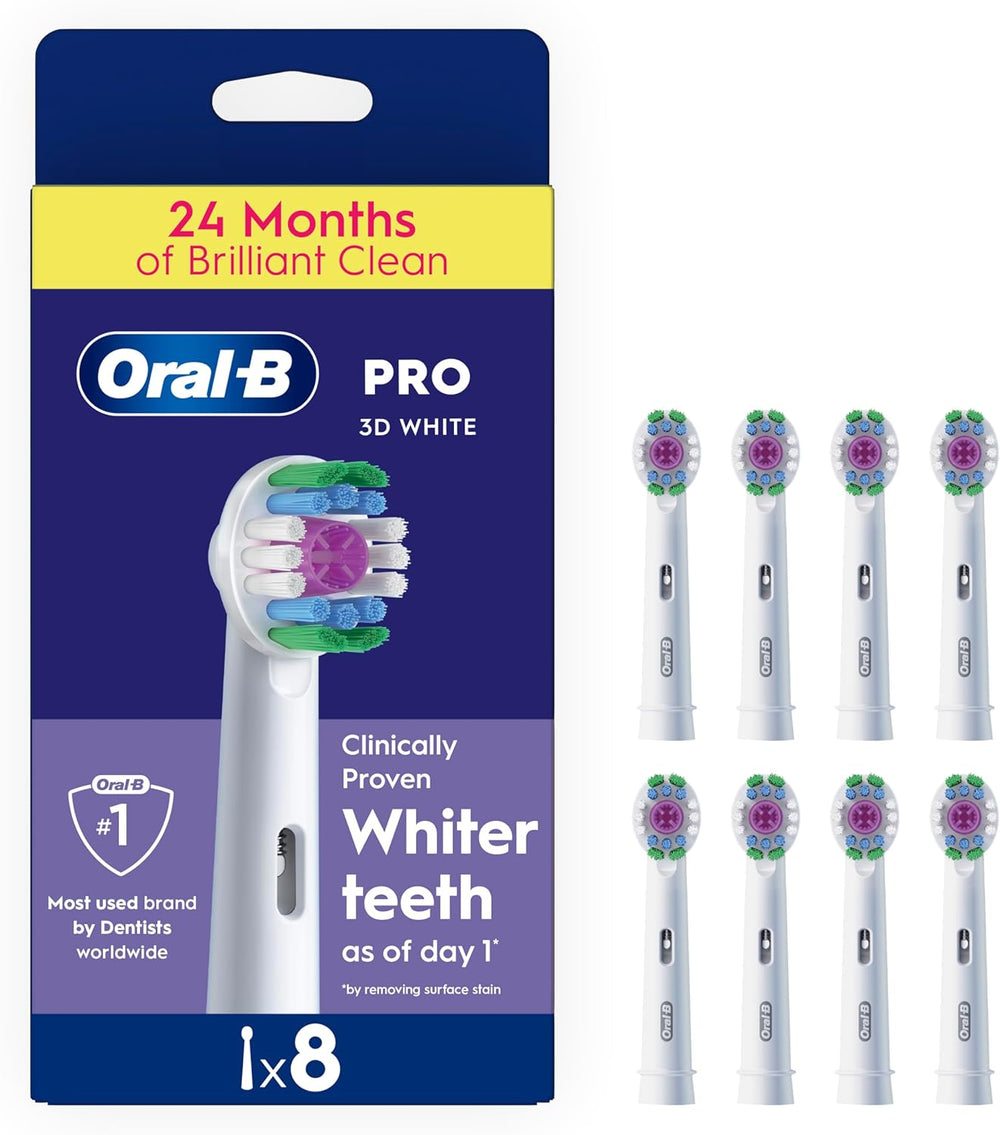 Oral-B 3D White replacement toothbrush heads, 8-pack, designed for effective whitening and gentle cleaning.