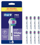 Oral-B 3D White replacement toothbrush heads, 8-pack, designed for effective whitening and gentle cleaning.