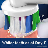 Set of 8 Oral-B 3D White replacement toothbrush heads with blue and white bristles for whitening and cleaning.