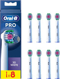Eight Oral-B 3D White replacement toothbrush heads for effective teeth whitening and cleaning.