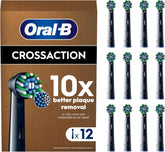 Set of 12 Oral-B CrossAction black replacement toothbrush heads for effective cleaning and plaque removal.