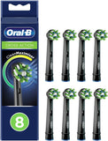 Four Oral-B CrossAction black replacement toothbrush heads for electric toothbrushes, with angled bristles for effective cleaning.