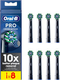 Four Oral-B CrossAction Black replacement toothbrush heads designed for deep cleaning and plaque removal.