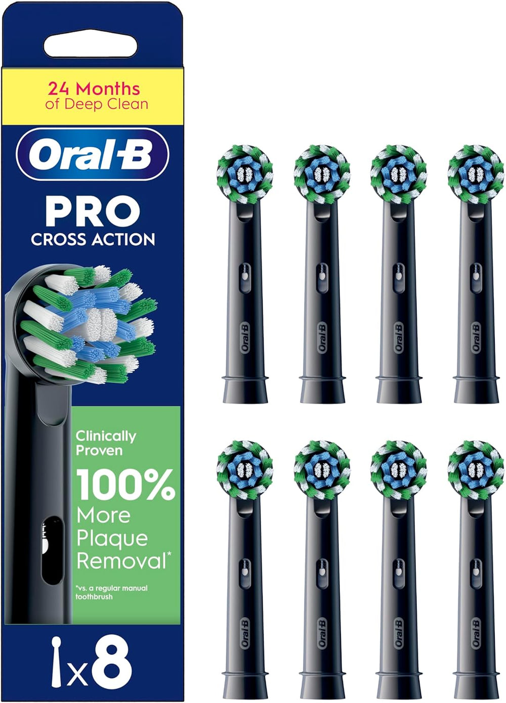 Eight Oral-B CrossAction Black replacement toothbrush heads for electric toothbrushes, designed for thorough cleaning and gum care.