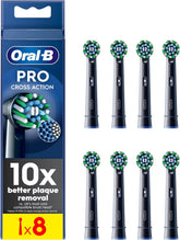 Eight Oral-B CrossAction Black replacement toothbrush heads for electric toothbrushes, designed for effective cleaning.