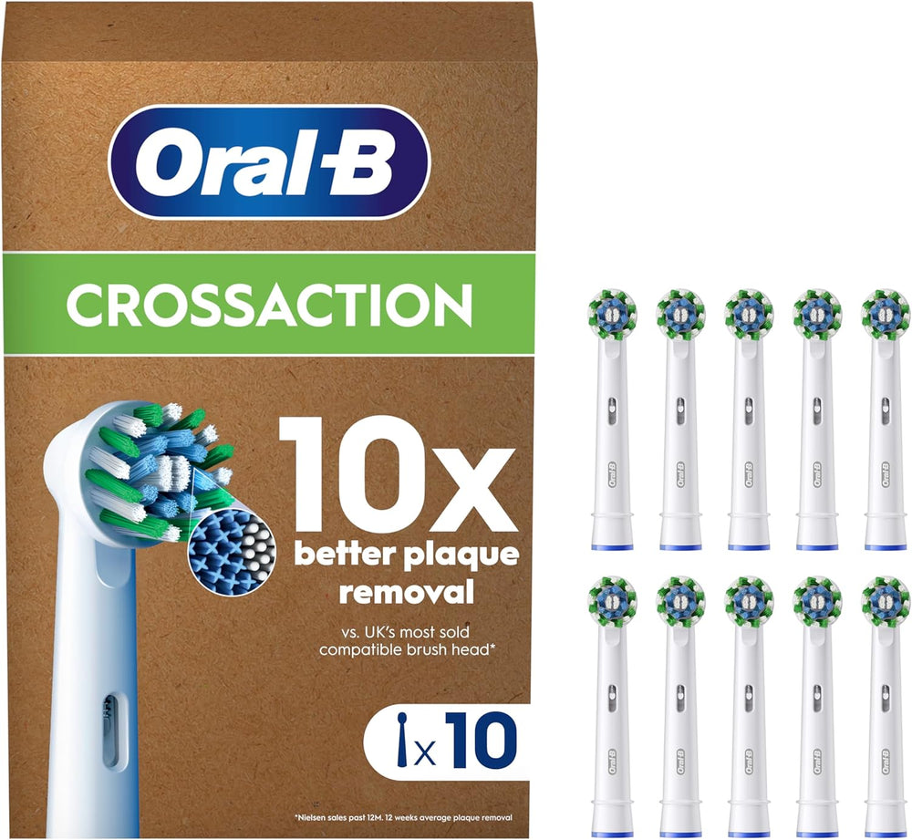 Set of 10 Oral-B CrossAction replacement toothbrush heads designed for thorough cleaning and compatible with Oral-B electric toothbrushes.