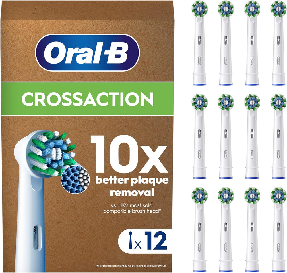 Set of 12 Oral-B CrossAction replacement toothbrush heads with angled bristles for effective cleaning.