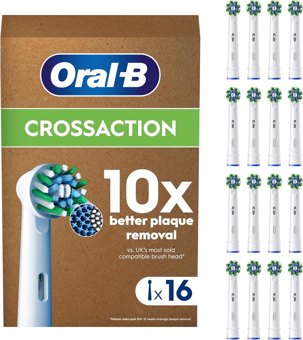 Oral-B CrossAction replacement toothbrush heads, 16-pack, compatible with Oral-B electric toothbrushes, featuring angled bristles for deep cleaning.