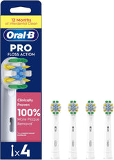 Set of four Oral-B Floss Action replacement toothbrush heads for deep cleaning and plaque removal.