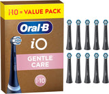 Set of 10 Oral-B iO Gentle Care replacement brush heads in black for electric toothbrushes, designed for gentle cleaning.