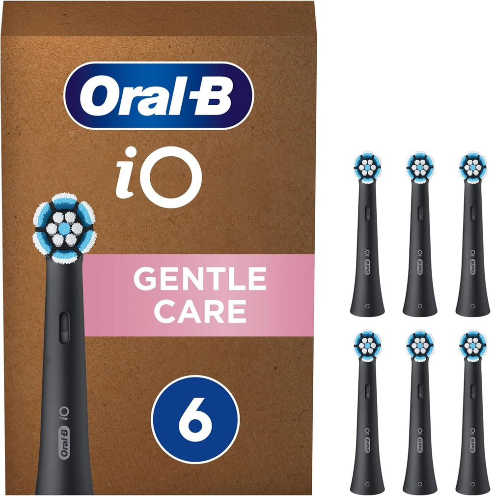 Six black Oral-B iO Gentle Care replacement brush heads for electric toothbrushes, showing close-up of brush heads with bristles