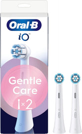 Oral-B iO Gentle Care replacement brush heads in white, 2-pack for electric toothbrushes, designed for gentle cleaning.