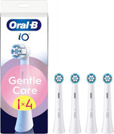 Oral-B iO Gentle Care replacement brush heads in white, 4-pack, for electric toothbrushes.