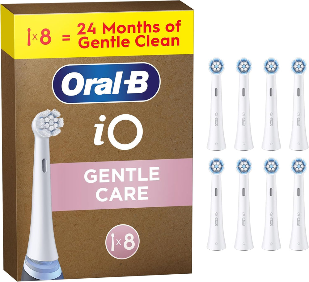 Eight white Oral-B iO Gentle Care replacement toothbrush heads for optimal oral hygiene and gentle cleaning.