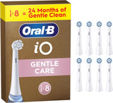 Eight white Oral-B iO Gentle Care replacement toothbrush heads for optimal oral hygiene and gentle cleaning.