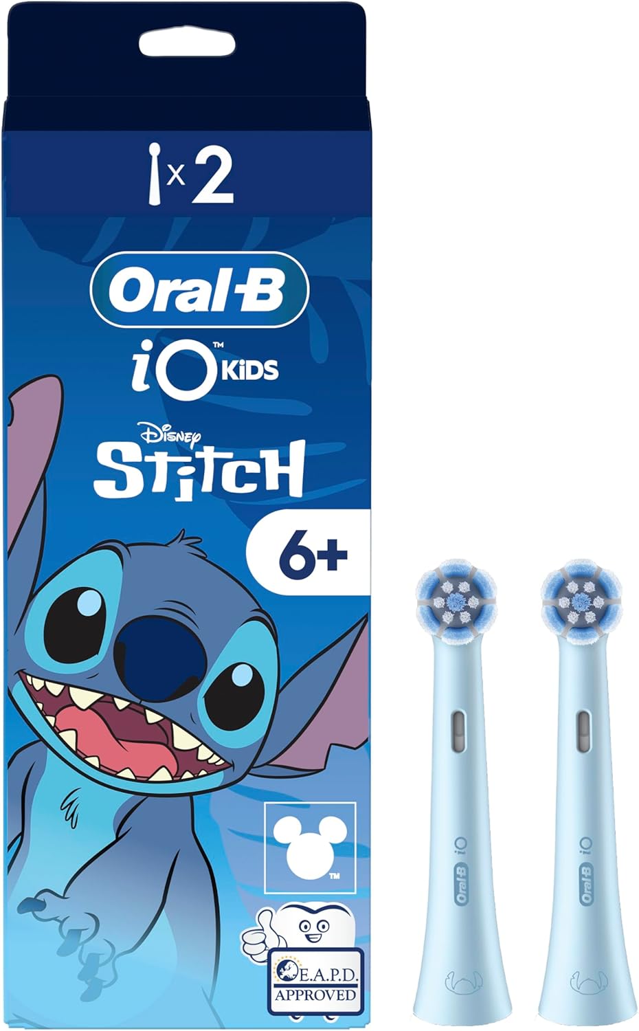 Oral-B iO Kids Disney Stitch replacement brush heads, 2-pack, designed for children's electric toothbrushes with fun Stitch character.