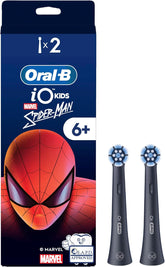 Oral-B iO Kids Marvel Spider-Man replacement toothbrush heads, 2-pack, designed for children’s electric toothbrushes featuring Spider-Man graphics.