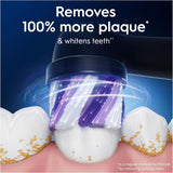 Oral-B iO Radiant White replacement brush heads in black, 4-pack, for electric toothbrushes, showing close-up of brush head design.