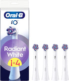 Oral-B iO Radiant White replacement toothbrush heads in white, 4-pack, designed for optimal cleaning and brushing performance.