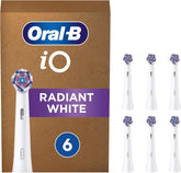 Six Oral-B iO Radiant White replacement brush heads in white for electric toothbrushes, shown in a 6-pack.