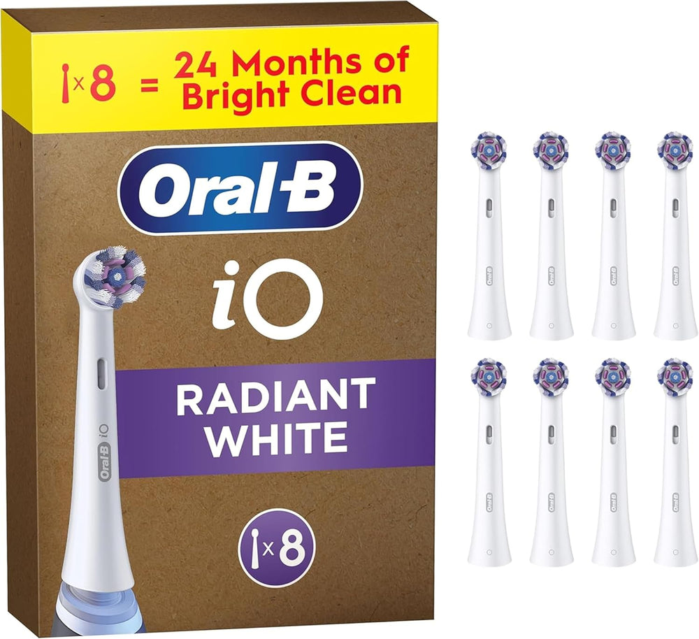 Set of 8 Oral-B iO Radiant White replacement brush heads in white for electric toothbrushes, shown in a clean, organized display.