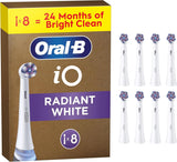 Set of 8 Oral-B iO Radiant White replacement brush heads in white for electric toothbrushes, shown in a clean, organized display.