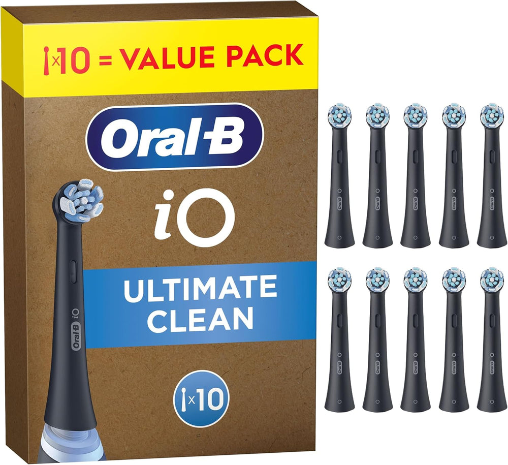 Set of 10 Oral-B iO Ultimate Clean replacement brush heads in black for electric toothbrushes, designed for thorough cleaning.
