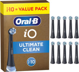 Set of 10 Oral-B iO Ultimate Clean replacement brush heads in black for electric toothbrushes, designed for thorough cleaning.