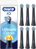 Set of six Oral-B iO Ultimate Clean replacement brush heads in black for electric toothbrushes, designed for deep cleaning and oral health.